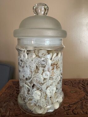 Clear Glass Apothecary Jar Frosted Lid Vintage Collection Of White Buttons